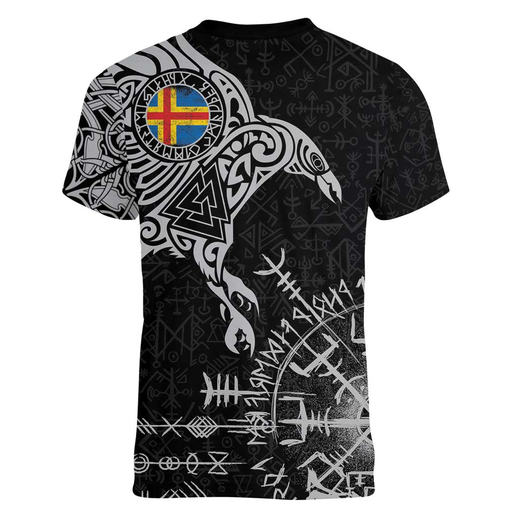 Aland Viking Ravens Women V-Neck T-Shirt Vegvisir Runes Pattern - Wonder Print Shop