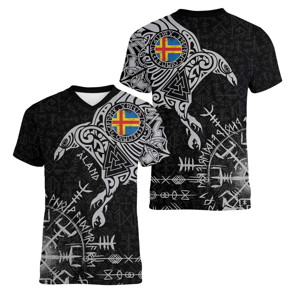 Aland Viking Ravens Women V-Neck T-Shirt Vegvisir Runes Pattern - Wonder Print Shop