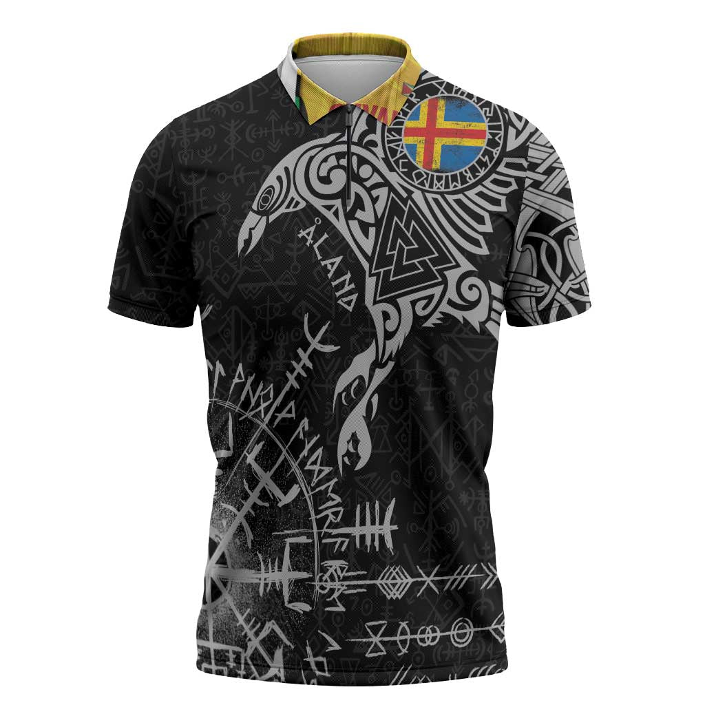Aland Viking Ravens Zipper Polo Shirt Vegvisir Runes Pattern - Wonder Print Shop