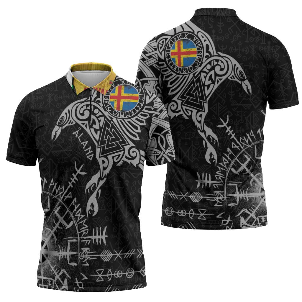 Aland Viking Ravens Zipper Polo Shirt Vegvisir Runes Pattern - Wonder Print Shop