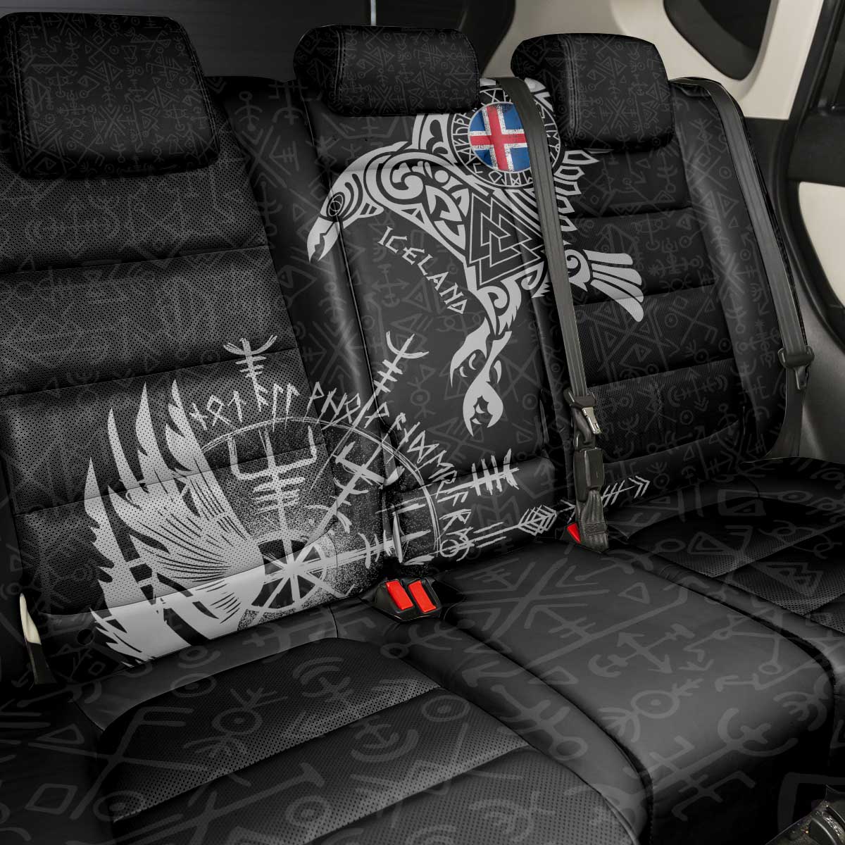 Iceland Viking Ravens Back Car Seat Cover Vegvisir Runes Pattern - Wonder Print Shop