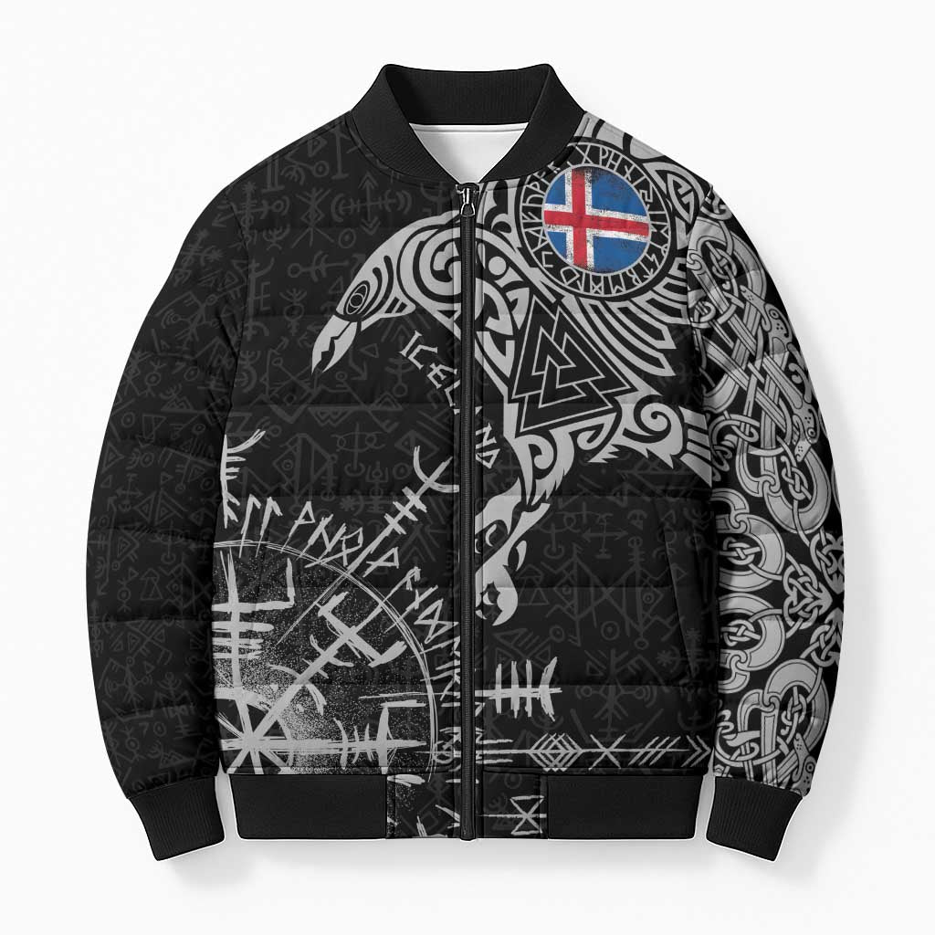 Iceland Viking Ravens Bomber Puffer Jacket Vegvisir Runes Pattern - Wonder Print Shop