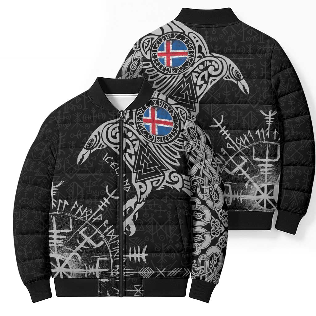 Iceland Viking Ravens Bomber Puffer Jacket Vegvisir Runes Pattern - Wonder Print Shop