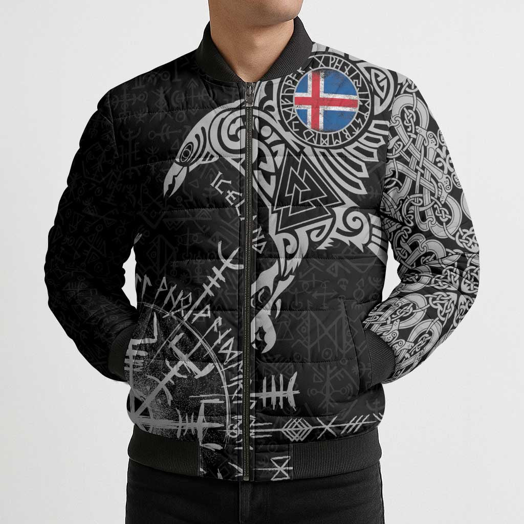Iceland Viking Ravens Bomber Puffer Jacket Vegvisir Runes Pattern - Wonder Print Shop