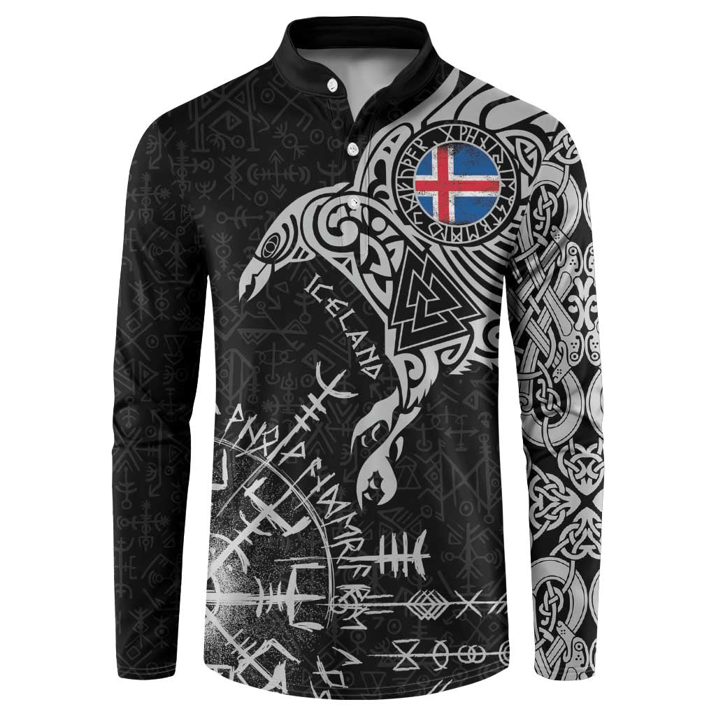 Iceland Viking Ravens Button Sweatshirt Vegvisir Runes Pattern - Wonder Print Shop