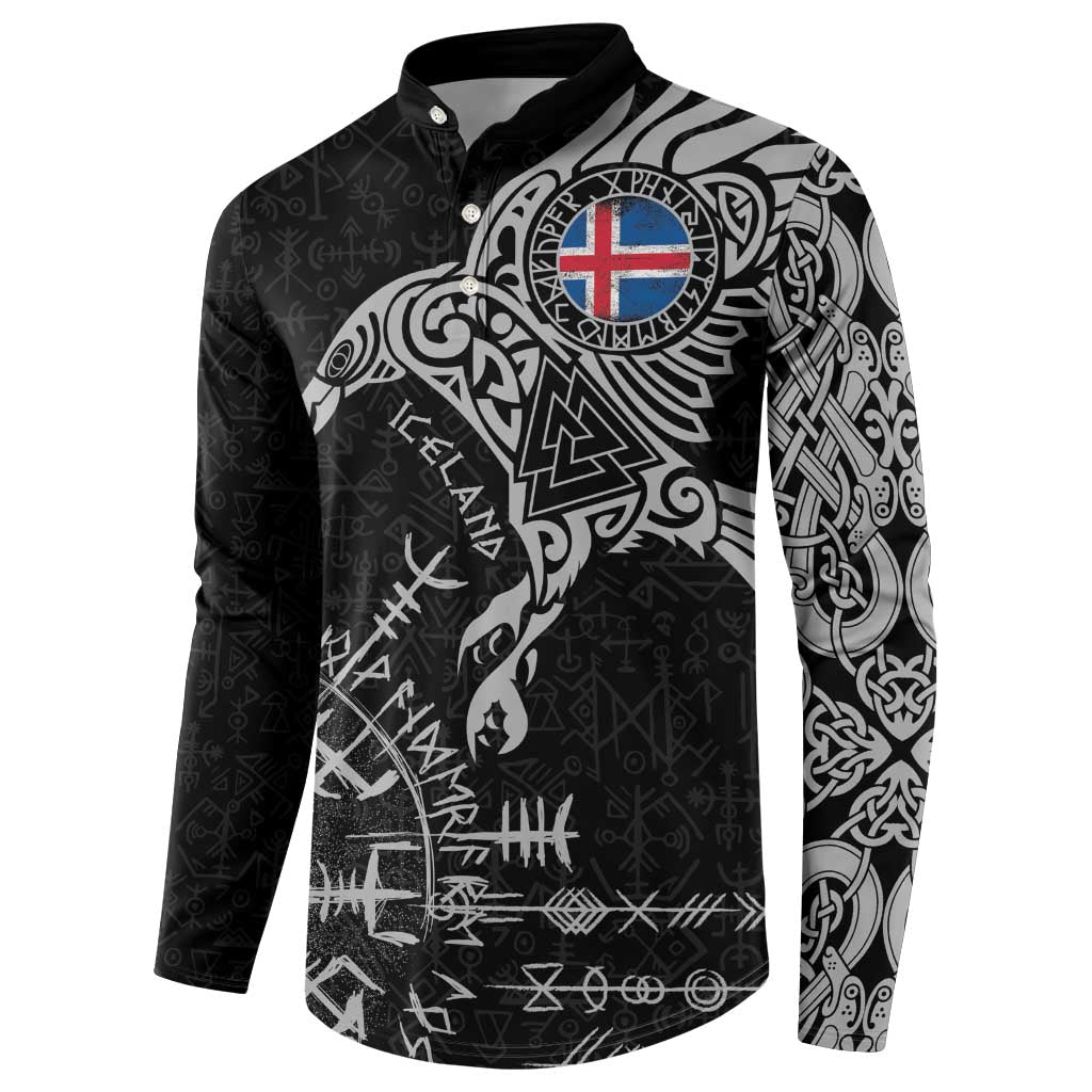 Iceland Viking Ravens Button Sweatshirt Vegvisir Runes Pattern - Wonder Print Shop