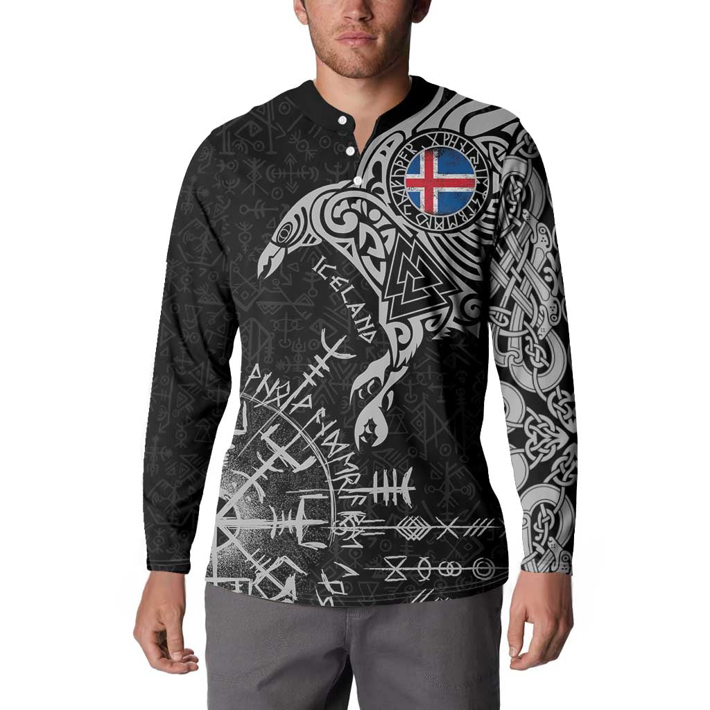 Iceland Viking Ravens Button Sweatshirt Vegvisir Runes Pattern - Wonder Print Shop