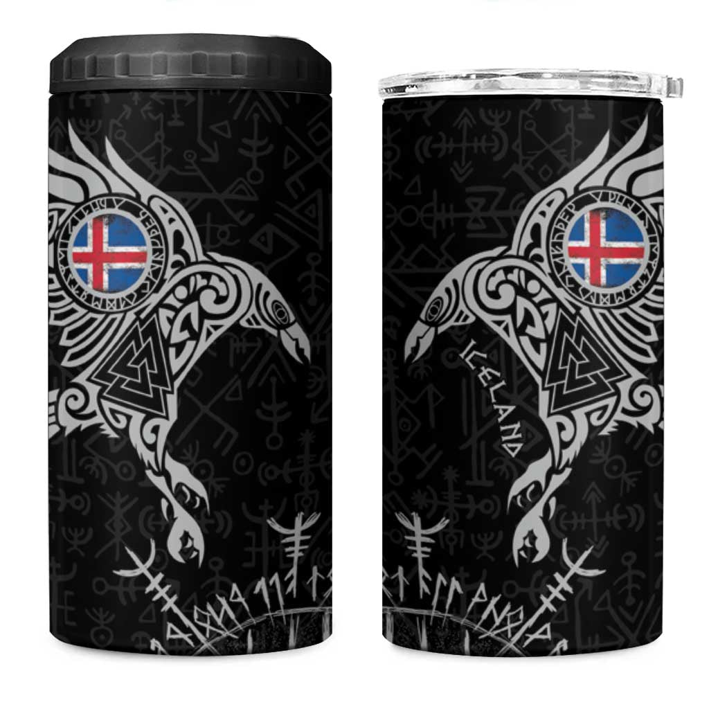 Iceland Viking Ravens 4 in 1 Can Cooler Tumbler Vegvisir Runes Pattern - Wonder Print Shop