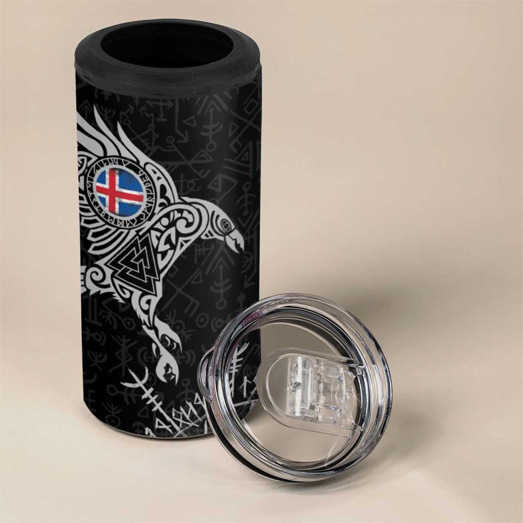 Iceland Viking Ravens 4 in 1 Can Cooler Tumbler Vegvisir Runes Pattern - Wonder Print Shop