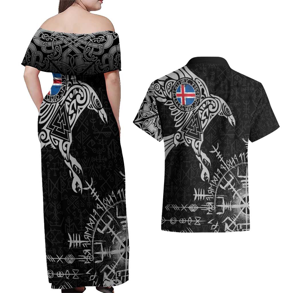 Iceland Viking Ravens Couples Matching Off Shoulder Maxi Dress and Hawaiian Shirt Vegvisir Runes Pattern - Wonder Print Shop