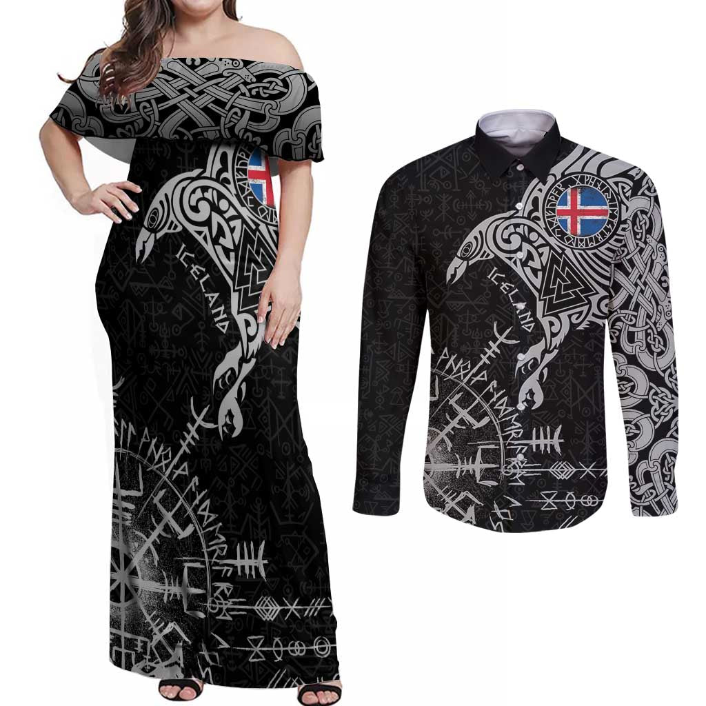 Iceland Viking Ravens Couples Matching Off Shoulder Maxi Dress and Long Sleeve Button Shirt Vegvisir Runes Pattern - Wonder Print Shop