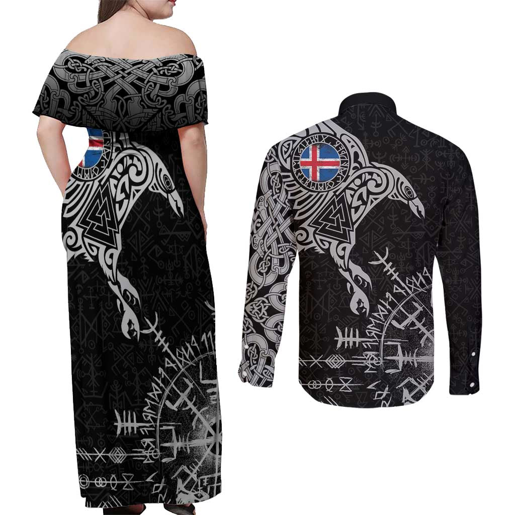 Iceland Viking Ravens Couples Matching Off Shoulder Maxi Dress and Long Sleeve Button Shirt Vegvisir Runes Pattern - Wonder Print Shop