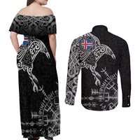 Iceland Viking Ravens Couples Matching Off Shoulder Maxi Dress and Long Sleeve Button Shirt Vegvisir Runes Pattern - Wonder Print Shop