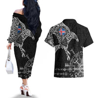 Iceland Viking Ravens Couples Matching Off The Shoulder Long Sleeve Dress and Hawaiian Shirt Vegvisir Runes Pattern - Wonder Print Shop