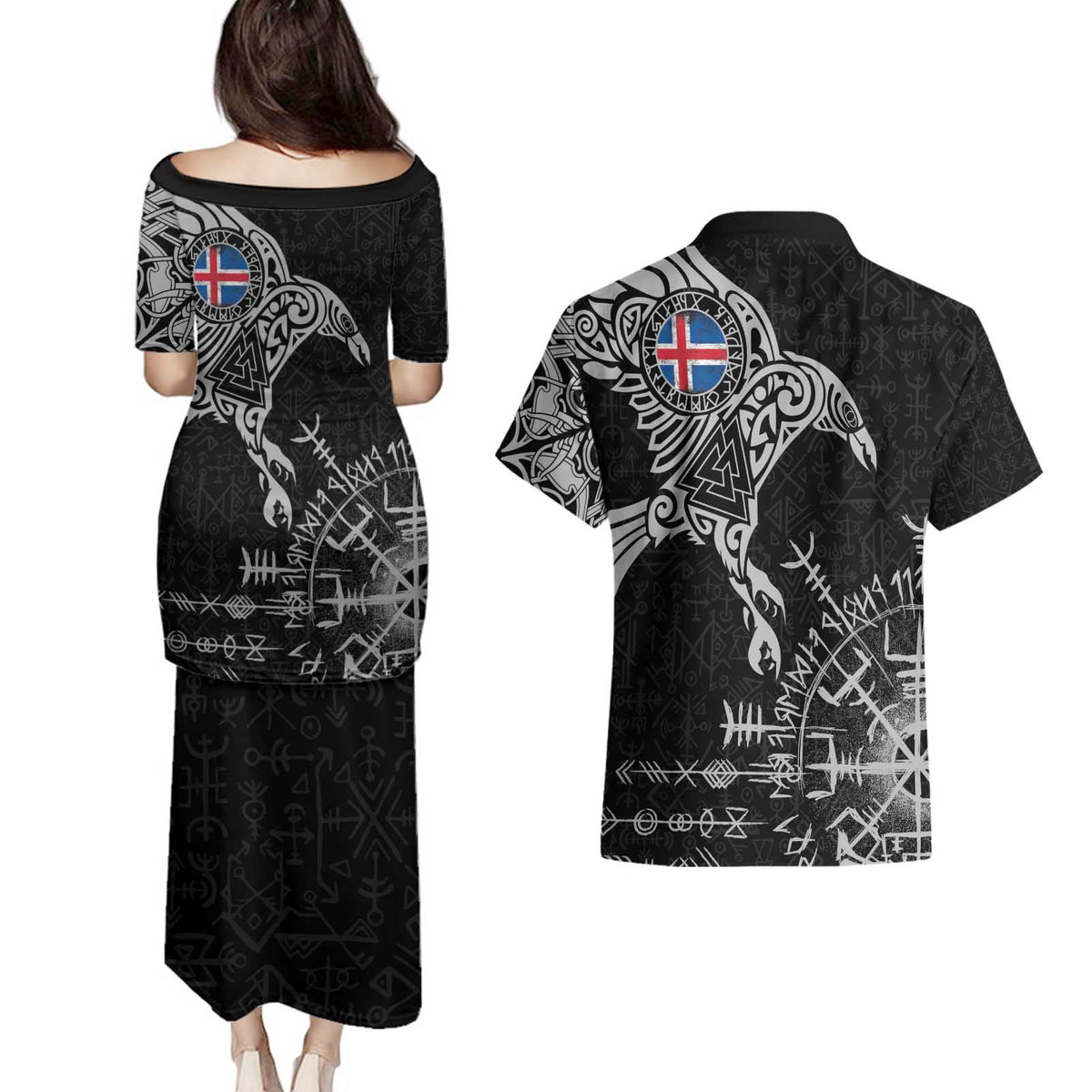 Iceland Viking Ravens Couples Matching Puletasi and Hawaiian Shirt Vegvisir Runes Pattern - Wonder Print Shop