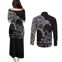 Iceland Viking Ravens Couples Matching Puletasi and Long Sleeve Button Shirt Vegvisir Runes Pattern - Wonder Print Shop