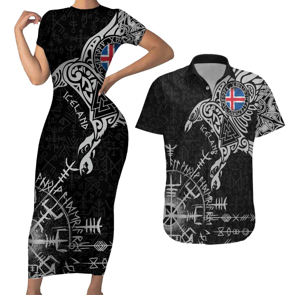 Iceland Viking Ravens Couples Matching Short Sleeve Bodycon Dress and Hawaiian Shirt Vegvisir Runes Pattern - Wonder Print Shop