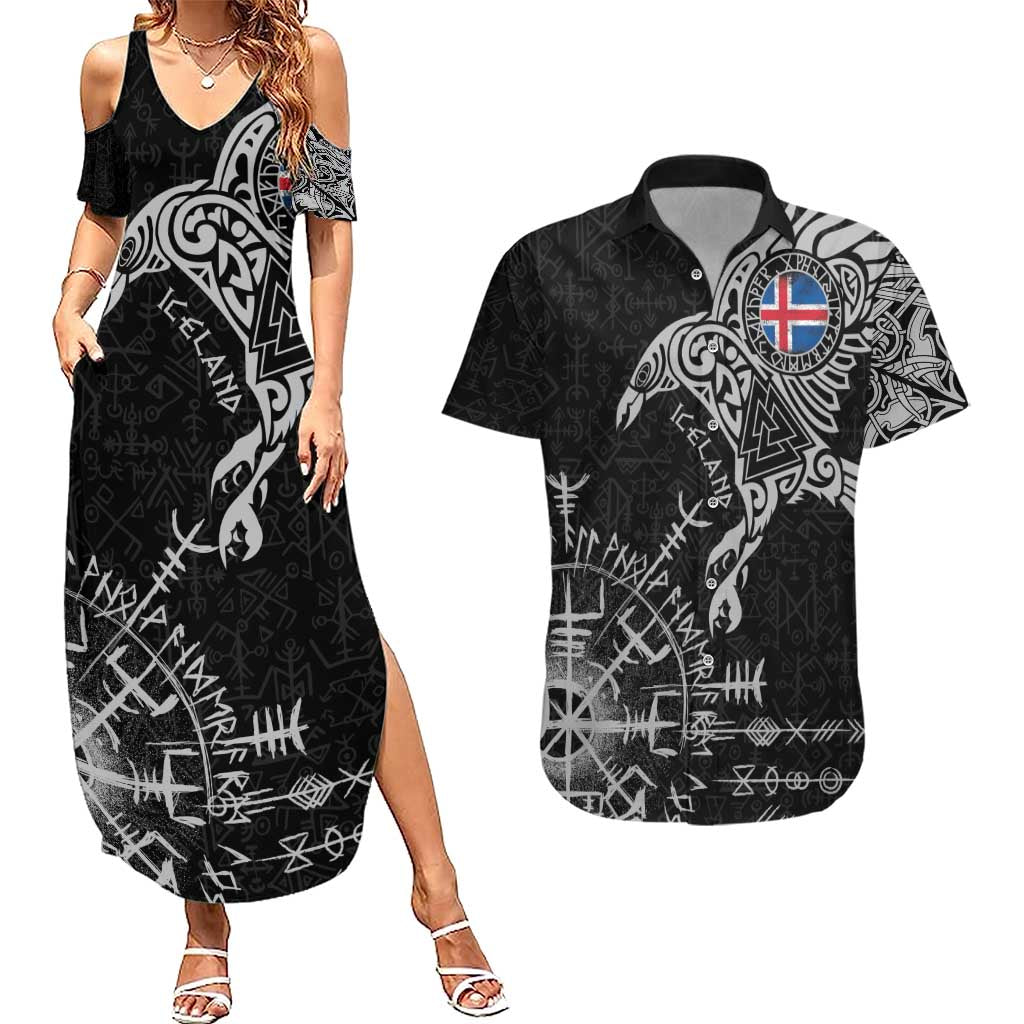 Iceland Viking Ravens Couples Matching Summer Maxi Dress and Hawaiian Shirt Vegvisir Runes Pattern - Wonder Print Shop