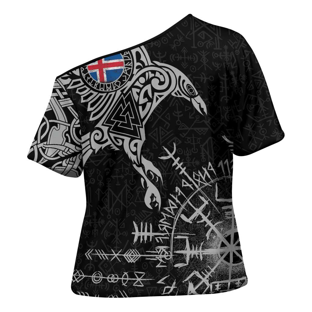 Iceland Viking Ravens Cross Shoulder Shirt Vegvisir Runes Pattern - Wonder Print Shop