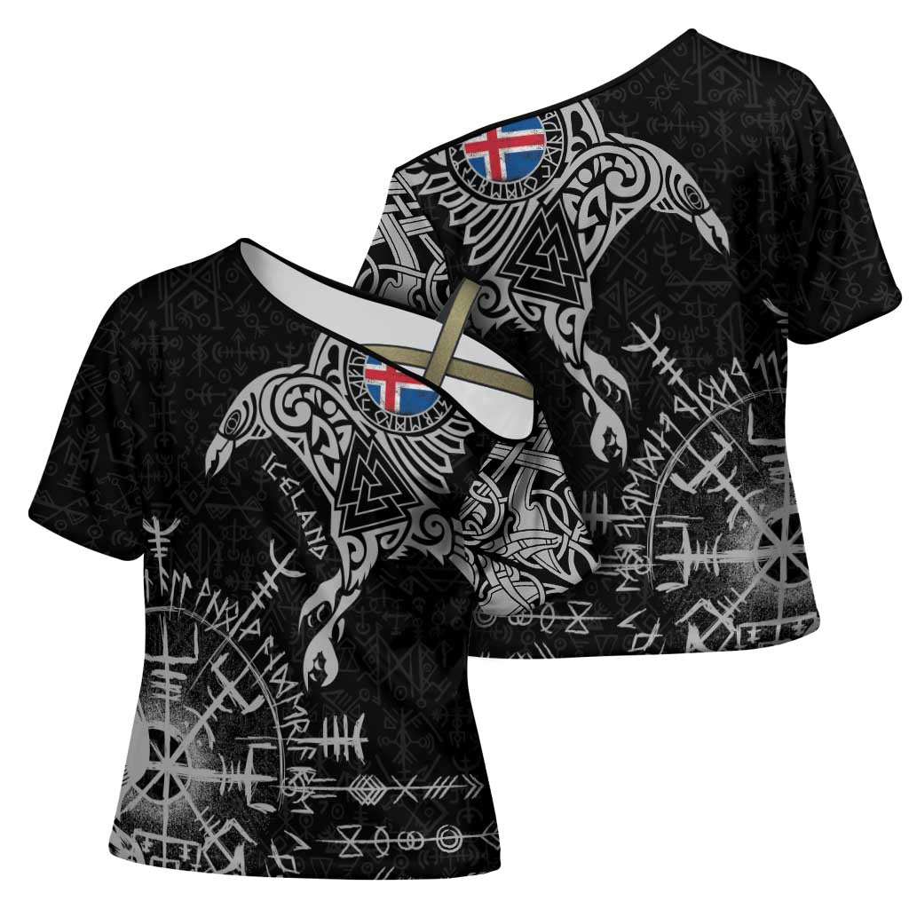 Iceland Viking Ravens Cross Shoulder Shirt Vegvisir Runes Pattern - Wonder Print Shop