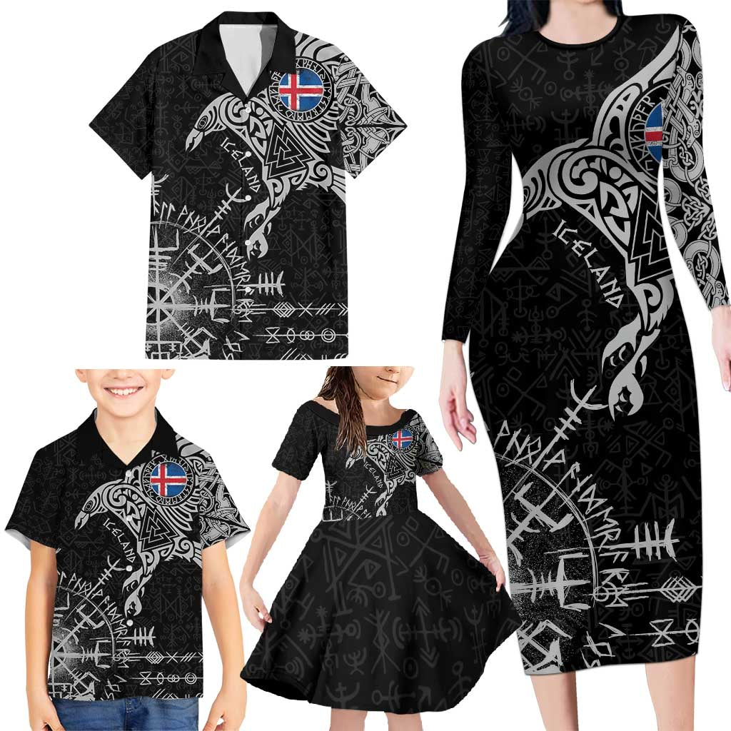 Iceland Viking Ravens Family Matching Long Sleeve Bodycon Dress and Hawaiian Shirt Vegvisir Runes Pattern - Wonder Print Shop