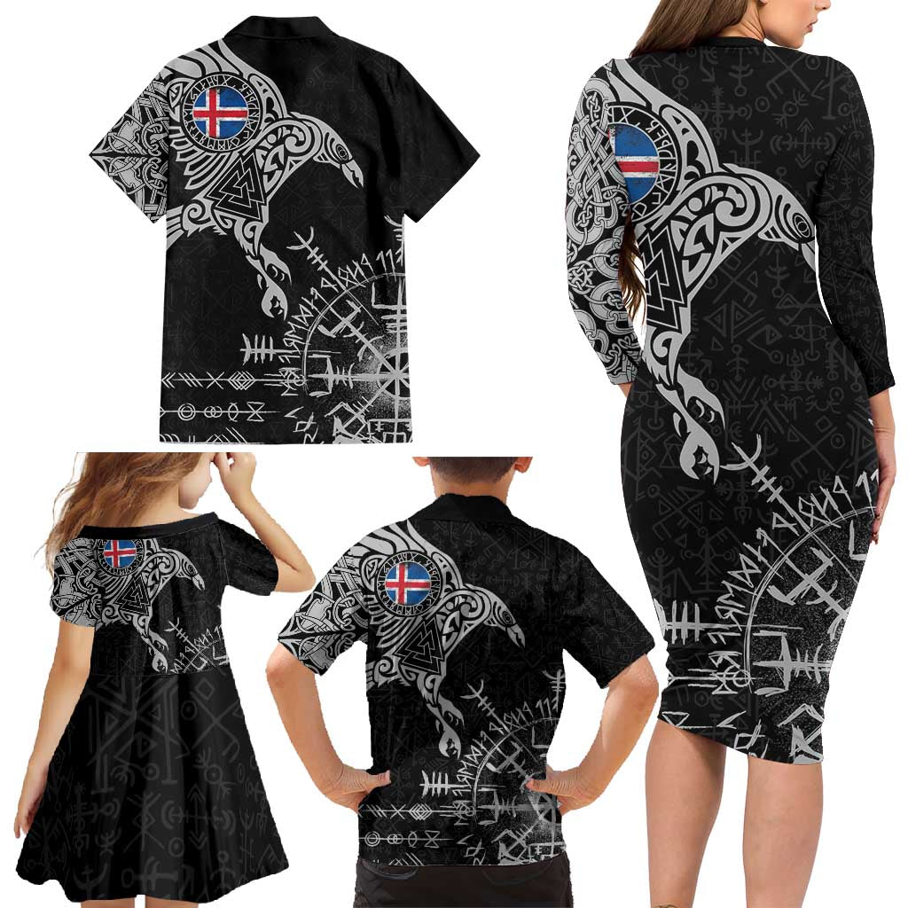 Iceland Viking Ravens Family Matching Long Sleeve Bodycon Dress and Hawaiian Shirt Vegvisir Runes Pattern - Wonder Print Shop