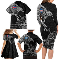 Iceland Viking Ravens Family Matching Long Sleeve Bodycon Dress and Hawaiian Shirt Vegvisir Runes Pattern - Wonder Print Shop