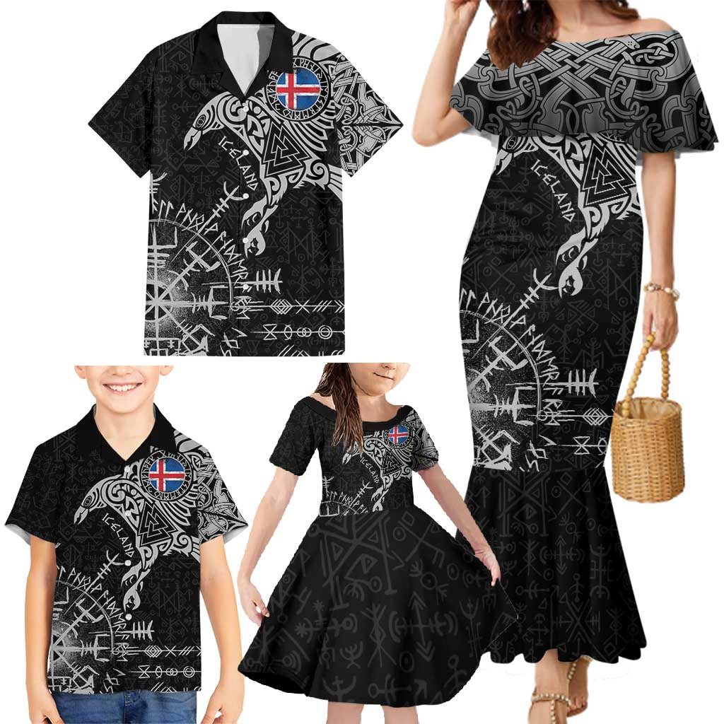 Iceland Viking Ravens Family Matching Mermaid Dress and Hawaiian Shirt Vegvisir Runes Pattern - Wonder Print Shop