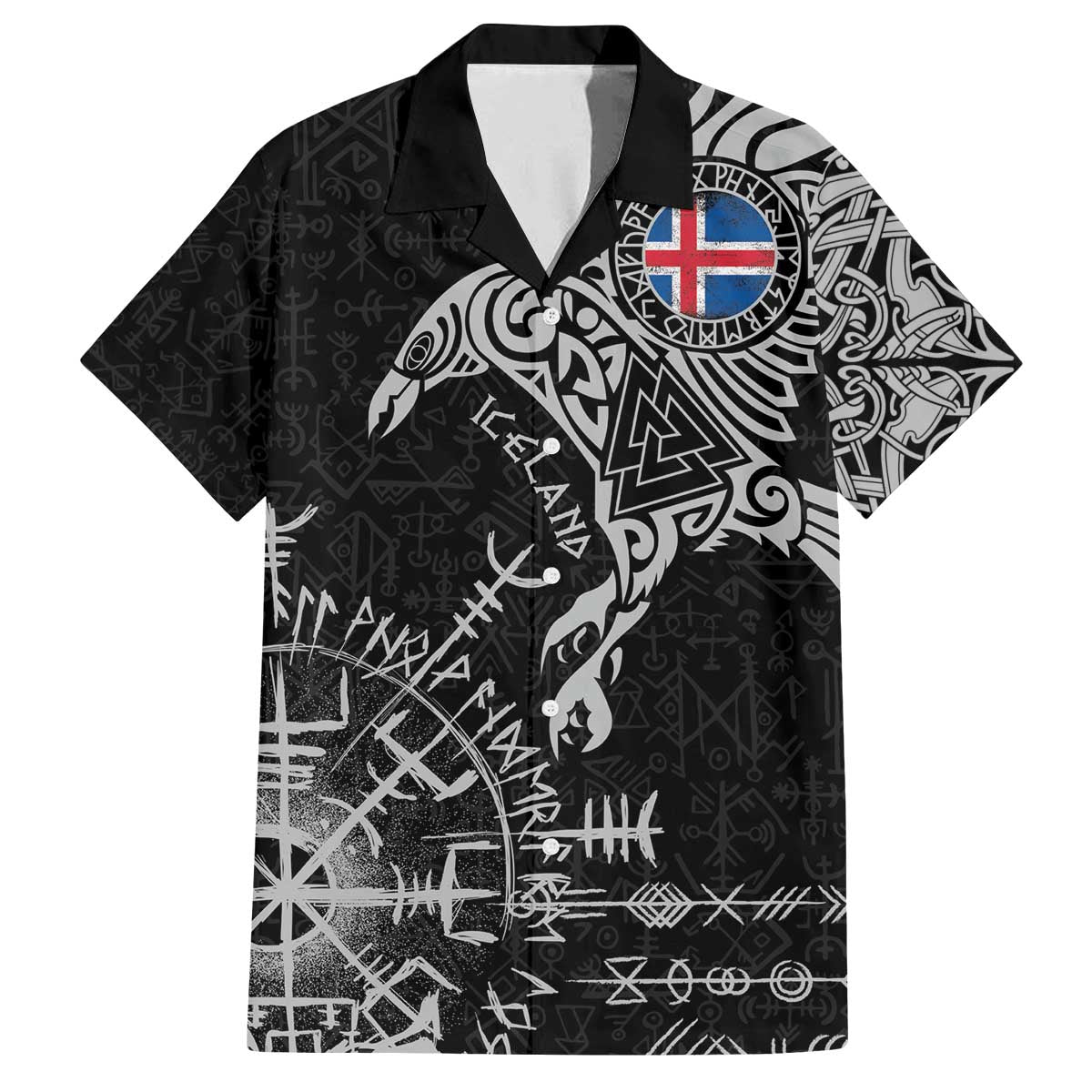 Iceland Viking Ravens Family Matching Off The Shoulder Long Sleeve Dress and Hawaiian Shirt Vegvisir Runes Pattern - Wonder Print Shop