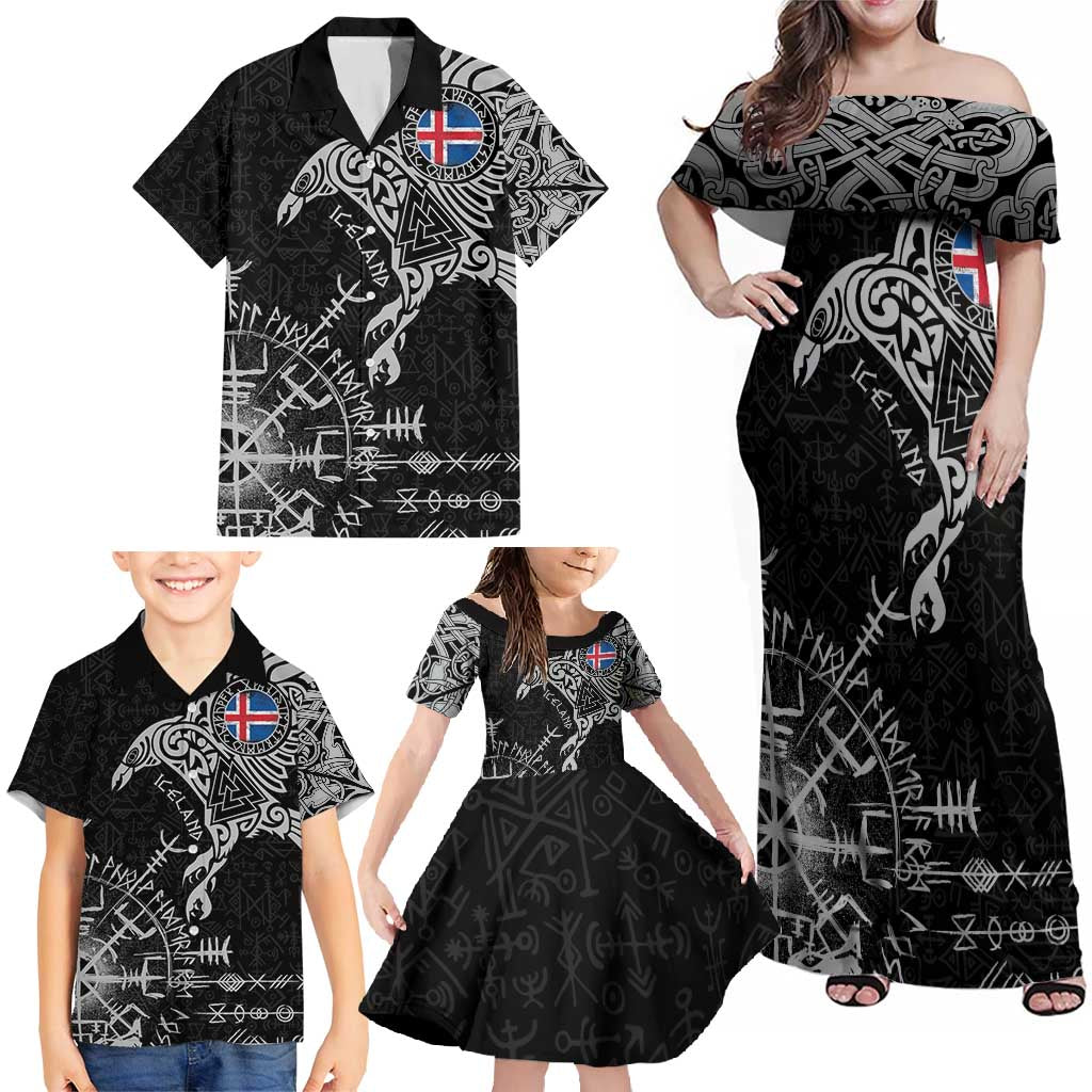 Iceland Viking Ravens Family Matching Off Shoulder Maxi Dress and Hawaiian Shirt Vegvisir Runes Pattern - Wonder Print Shop