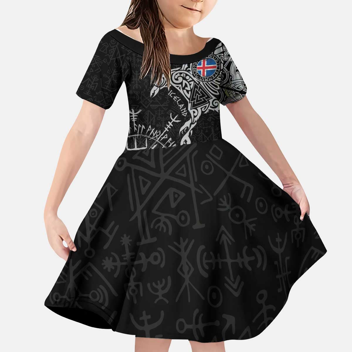 Iceland Viking Ravens Kid Short Sleeve Dress Vegvisir Runes Pattern - Wonder Print Shop