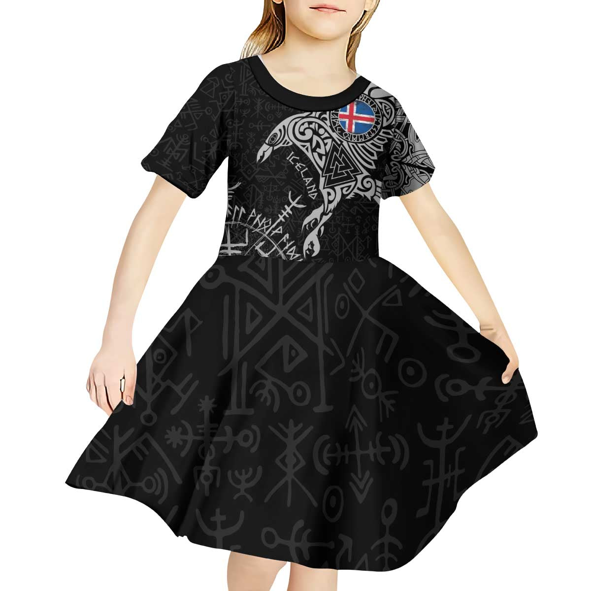 Iceland Viking Ravens Kid Short Sleeve Dress Vegvisir Runes Pattern - Wonder Print Shop