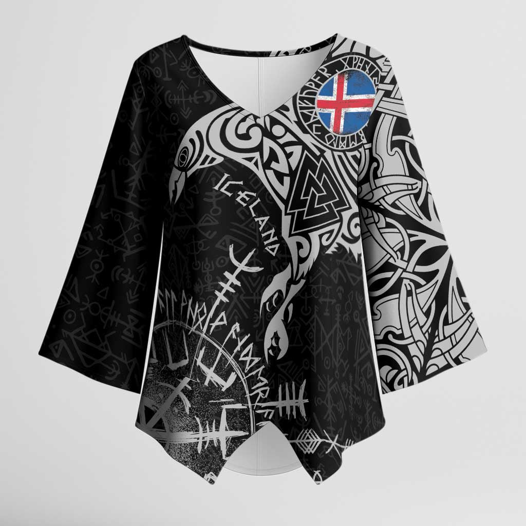 Iceland Viking Ravens Kimono Sleeve Blouse Vegvisir Runes Pattern - Wonder Print Shop
