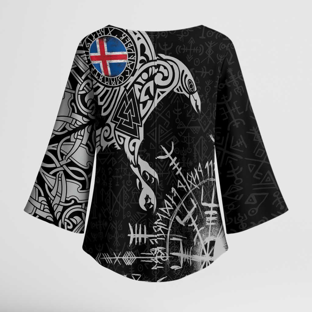 Iceland Viking Ravens Kimono Sleeve Blouse Vegvisir Runes Pattern - Wonder Print Shop