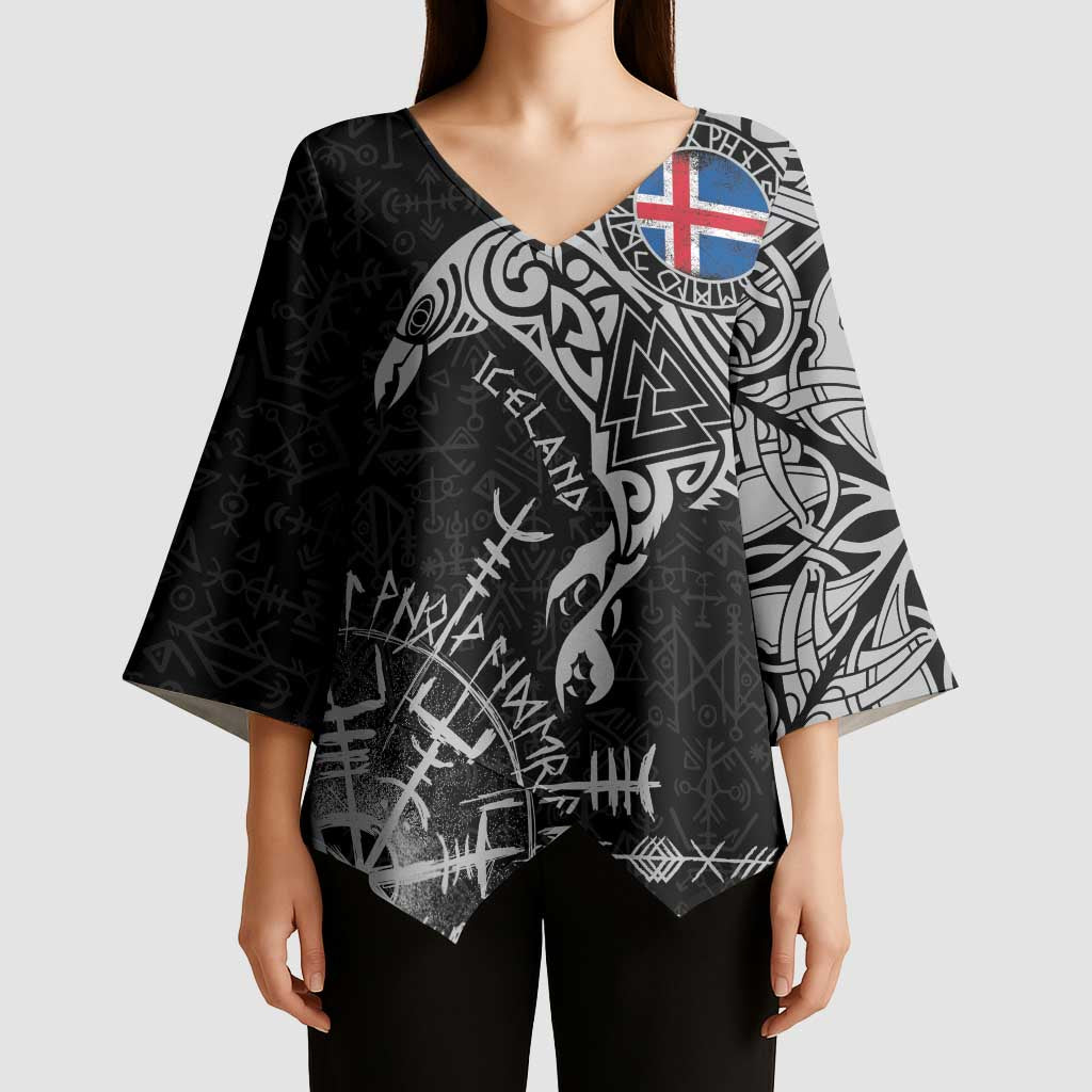 Iceland Viking Ravens Kimono Sleeve Blouse Vegvisir Runes Pattern - Wonder Print Shop