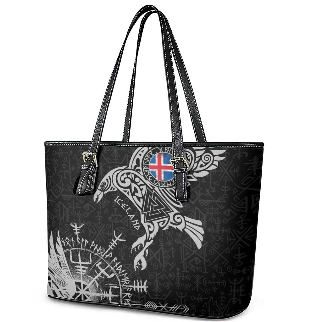Iceland Viking Ravens Leather Tote Bag Vegvisir Runes Pattern - Wonder Print Shop
