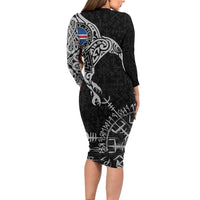 Iceland Viking Ravens Long Sleeve Bodycon Dress Vegvisir Runes Pattern - Wonder Print Shop