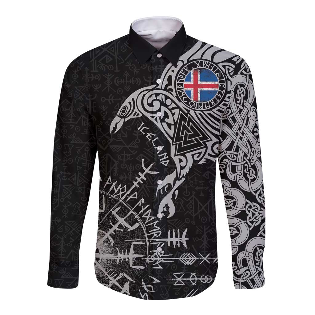 Iceland Viking Ravens Long Sleeve Button Shirt Vegvisir Runes Pattern - Wonder Print Shop