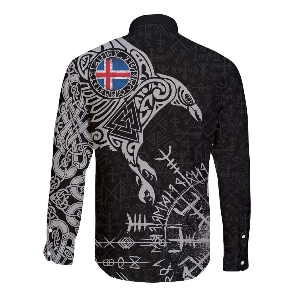 Iceland Viking Ravens Long Sleeve Button Shirt Vegvisir Runes Pattern - Wonder Print Shop