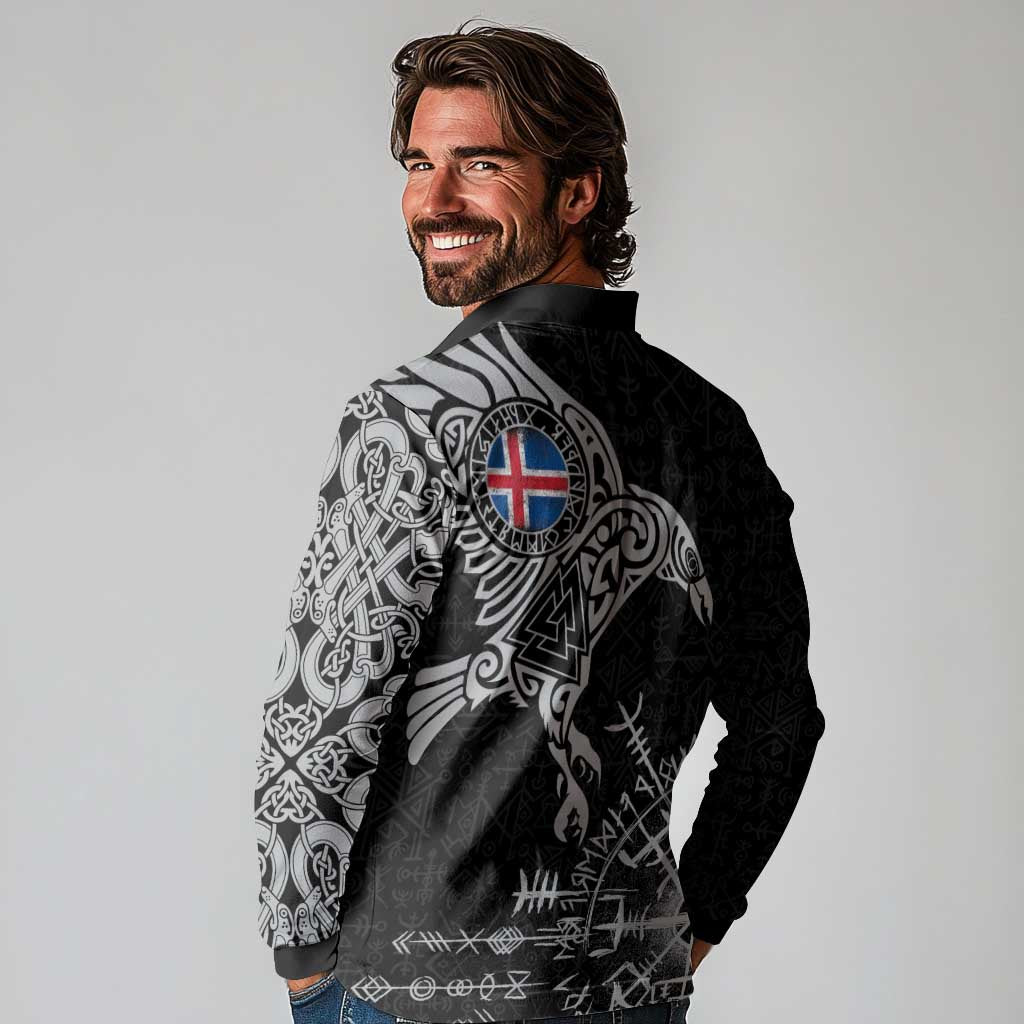 Iceland Viking Ravens Long Sleeve Polo Shirt Vegvisir Runes Pattern - Wonder Print Shop