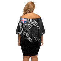 Iceland Viking Ravens Off Shoulder Short Dress Vegvisir Runes Pattern - Wonder Print Shop