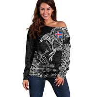 Iceland Viking Ravens Off Shoulder Sweater Vegvisir Runes Pattern - Wonder Print Shop