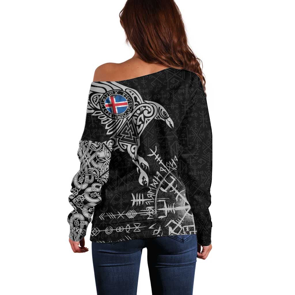 Iceland Viking Ravens Off Shoulder Sweater Vegvisir Runes Pattern - Wonder Print Shop