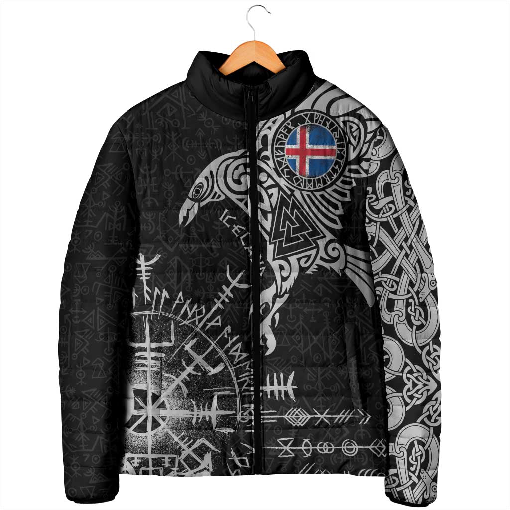Iceland Viking Ravens Padded Jacket Vegvisir Runes Pattern - Wonder Print Shop