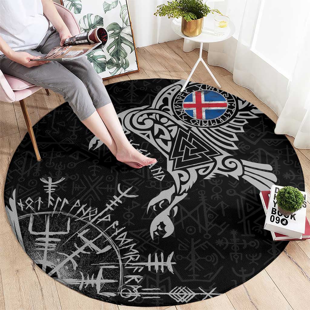 Iceland Viking Ravens Round Carpet Vegvisir Runes Pattern - Wonder Print Shop