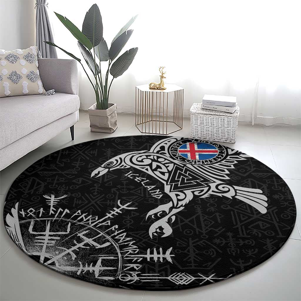 Iceland Viking Ravens Round Carpet Vegvisir Runes Pattern - Wonder Print Shop