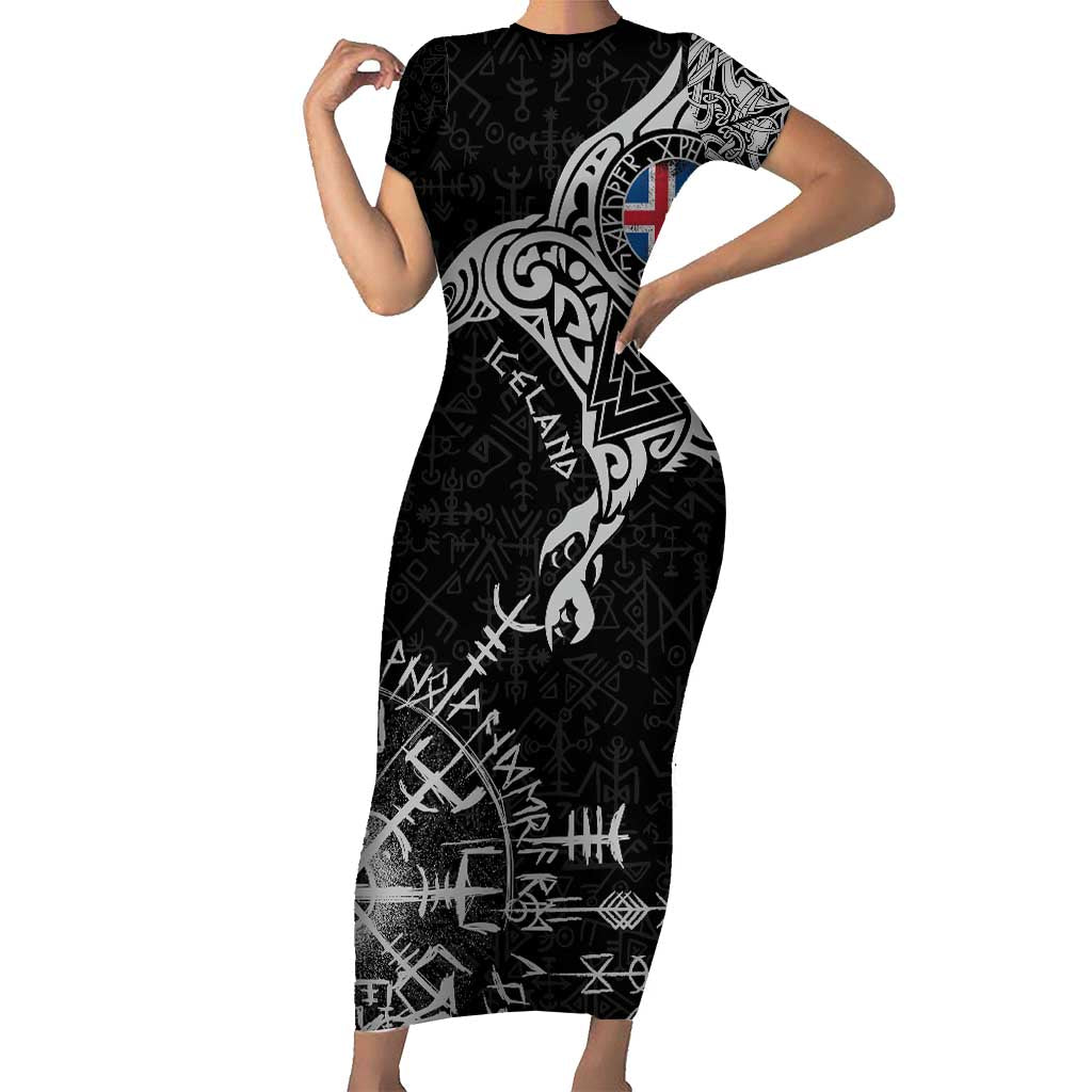 Iceland Viking Ravens Short Sleeve Bodycon Dress Vegvisir Runes Pattern - Wonder Print Shop