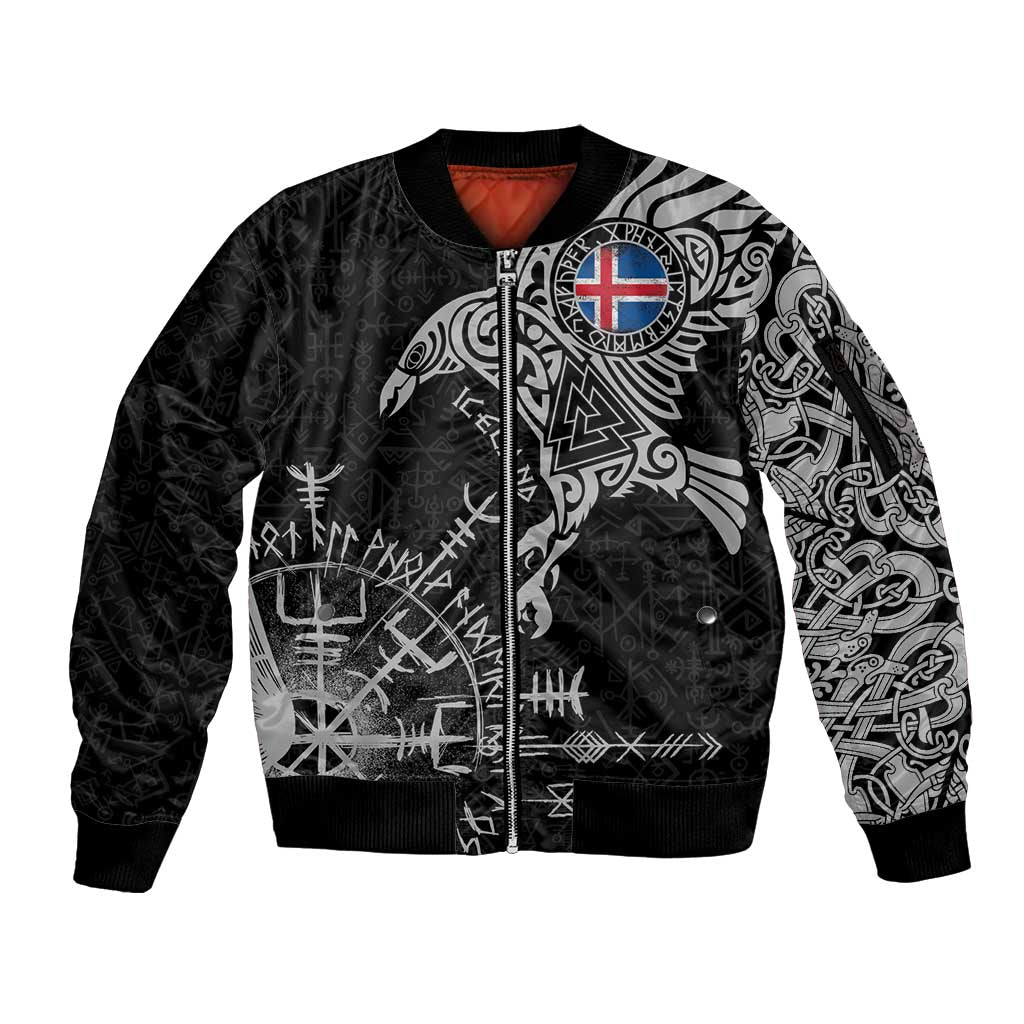 Iceland Viking Ravens Sleeve Zip Bomber Jacket Vegvisir Runes Pattern - Wonder Print Shop
