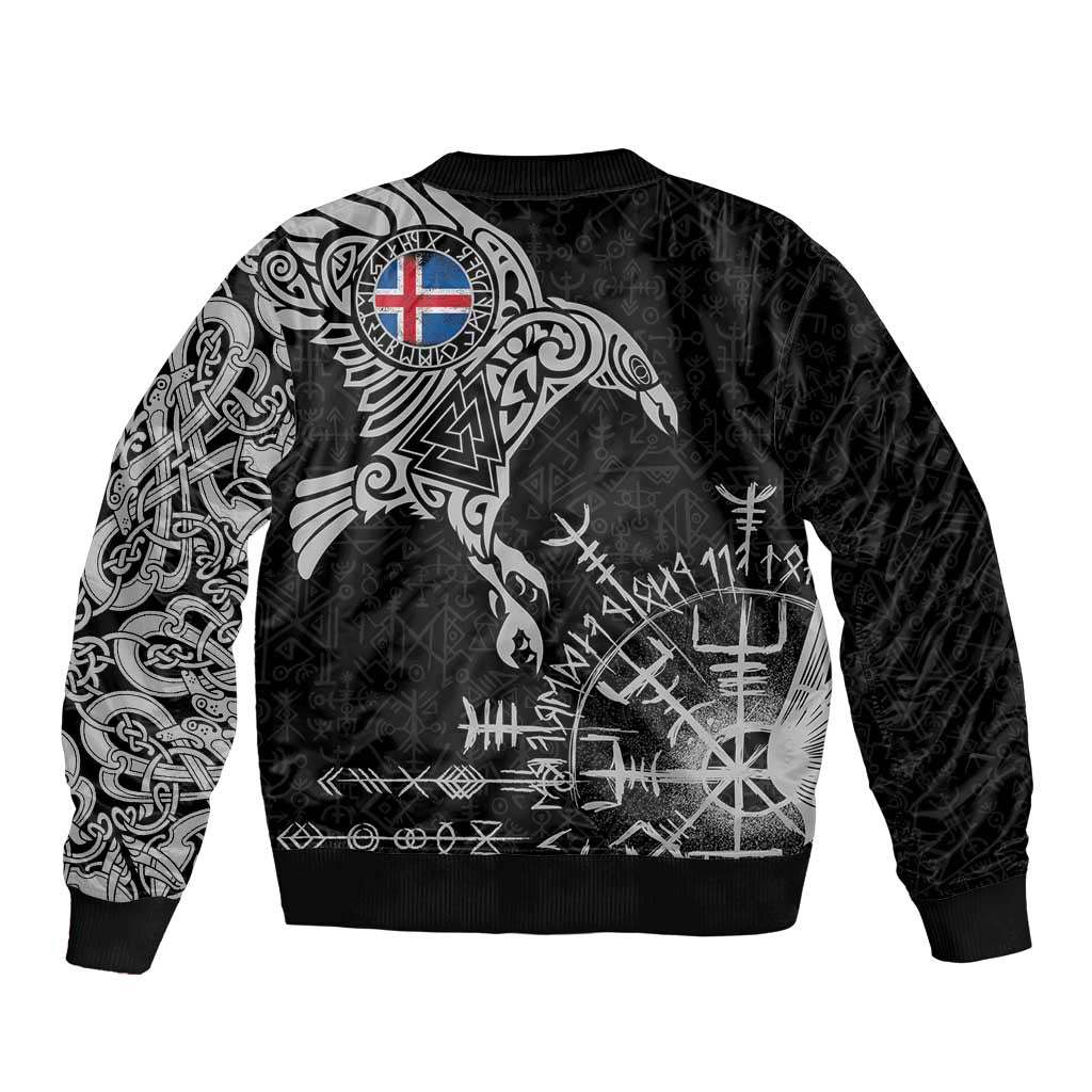 Iceland Viking Ravens Sleeve Zip Bomber Jacket Vegvisir Runes Pattern - Wonder Print Shop