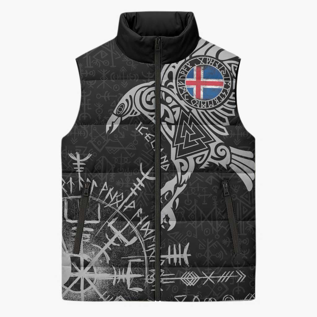 Iceland Viking Ravens Sleeveless Puffer Jacket Vegvisir Runes Pattern - Wonder Print Shop